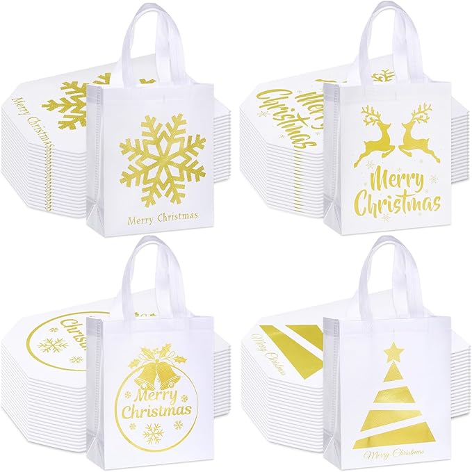 Wesnoy 48 Pcs Christmas Gift Bags Bulk 10 x 8 x 4 Inch White Gold Metallic Goodies Bags Reusable Non Woven Christmas Party Favors Candy Treat Totes with Handle for Holiday Gift Birthday Party Supplies