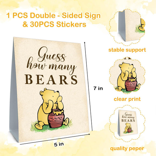 Baby Shower Decorations - Guess How Many Bears Game - Winnie the Pooh Theme - 5 x 7 x 0.2 inches - Paper Tabletop Sign