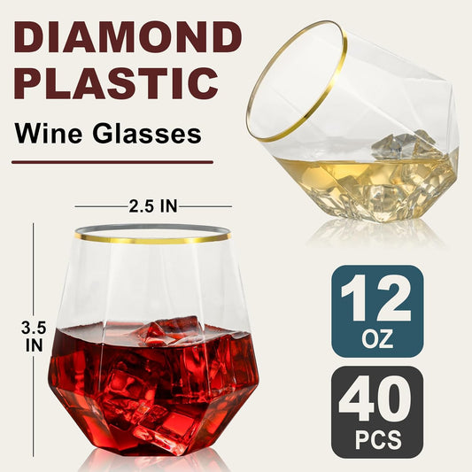 Goodluck 40 PCS Diamond Stemless Plastic Wine Whiskey Glasses, 12 Oz Disposable Cocktail Glasses, Suitable for Weddings, Birthday Parties, Family Gatherings, Bars, etc (Gold rimmed cups)