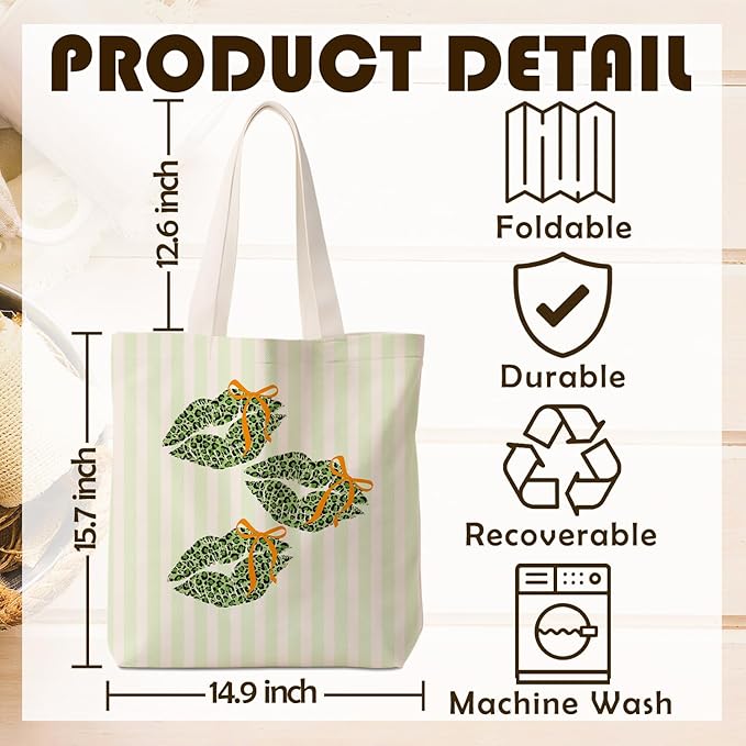 Coquette Bow Green Leopard Lip Tote Bag for Women,Trendy Cheetah Print Canvas Tote Bag for Girls,Girly Leopard Lip Print Aesthetic Reusable Shopping Grocery Bags Party Favors