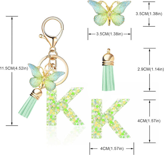 Fashion Alphabet Initial Letter Keychain Tassel Butterfly Pendant Key Ring for Purse Handbags Women Girl