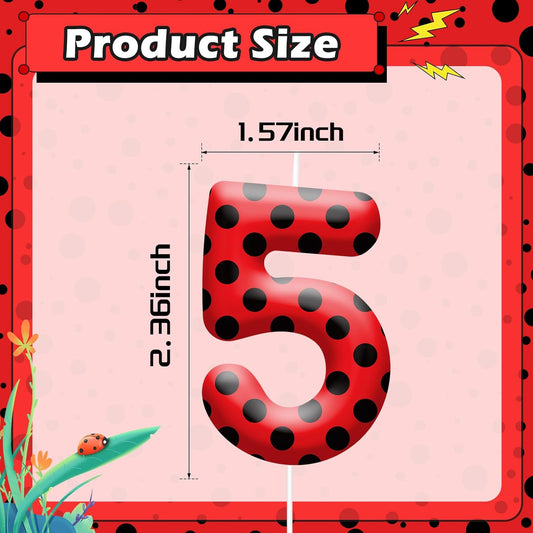 Ladybug Theme Birthday Candles - Red & Black Polka Dot Decorative Candles for Kids Ladybug Themed Parties, Baby Showers, Birthday Cakes, and Ladybird Inspired Celebrations(Number 5)
