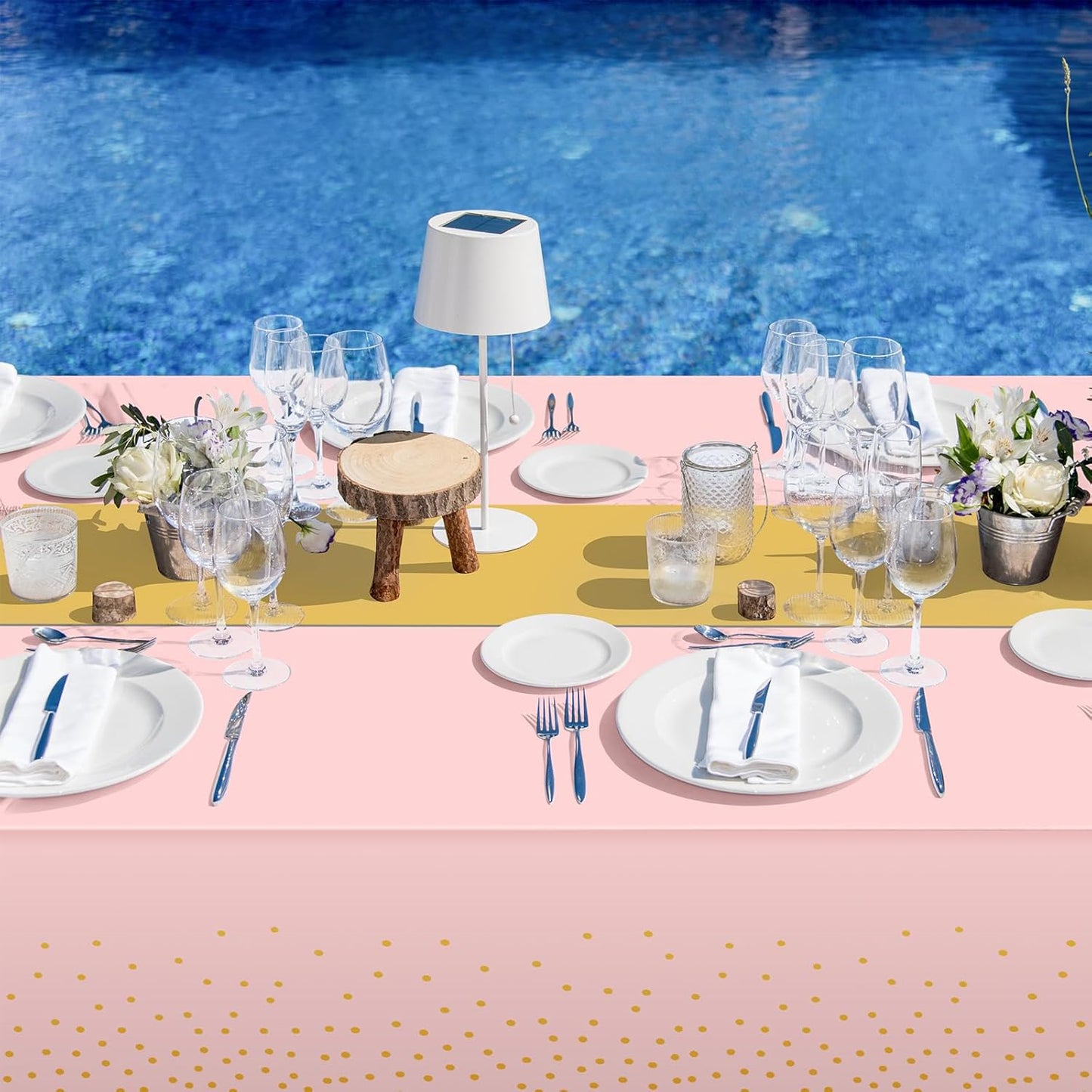 8Pack Disposable Plastic Tablecloths and Satin Table Runner Set Pink and Gold Dot Tablecloth Gold Satin Table Runner for Wedding Birthday Baby Shower Anniversary Christmas New Year Party Supplies