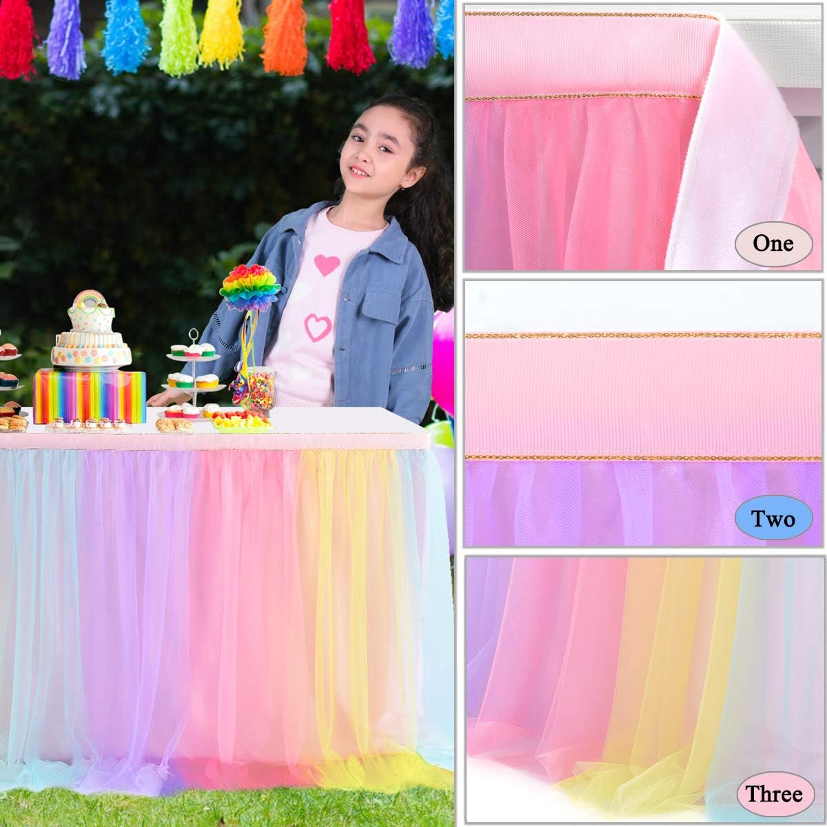 Suppromo Rainbow Table Skirt for Birthday Party 6ft Unicorn Tulle Tutu Table Skirt for Baby Shower Girl Boy Gender Reveal Rainbow Tablecloth Desk Skirt for Unicorn Party Decorations(L6(ft) H 30in)