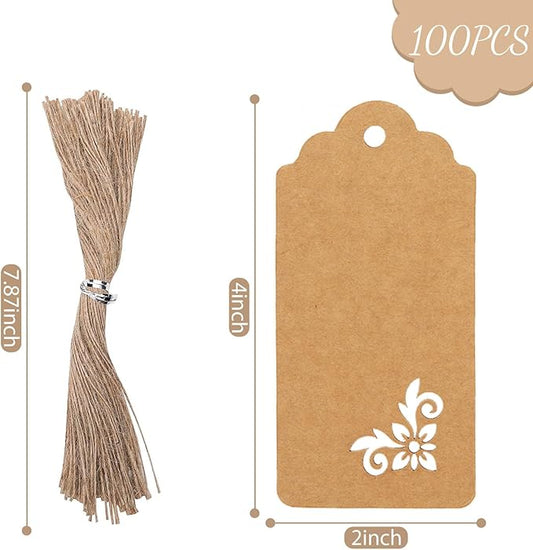 SallyFashion 100 PCS Gift Tags, 2x4 inch Kraft Paper Hollow-Out Tags with Strings for Wedding Bridal Party Favors Baby Shower