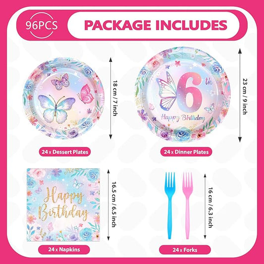 Grencian 96Pcs Butterfly 6th Birthday Party Decorations Butterflies Theme Disposable Sets for Girl Colorful Butterfly Plates, Napkins and Forks, 6 Years Old Birthday Party Supplies Serves 24