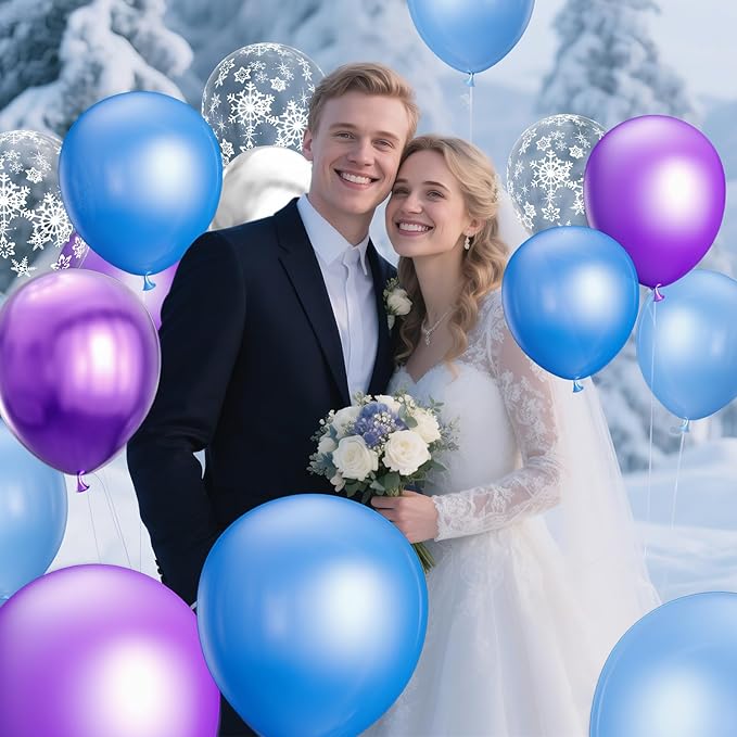 68Pcs Purple and Blue Party Balloons Kit 12 Inch Pearl Light Blue Metallic Purple Silver Snowflake Balloons with Ribbons for Winter Theme Birthday Wedding Girls Party Decorations.