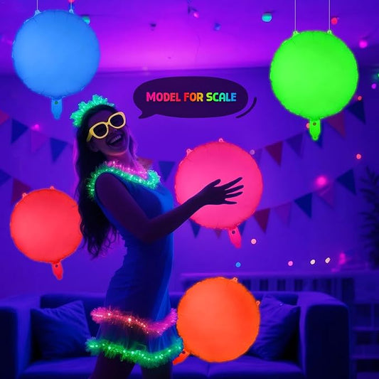 Mega-L Glow in the Dark Party Supplies, 5 Pcs Neon Round Balloons Set – Fluorescent Red, Lemon Yellow, Fuchsia, Blue and Orange Balloons Perfect for Birthday, Wedding, Anniversary, Graduation Party