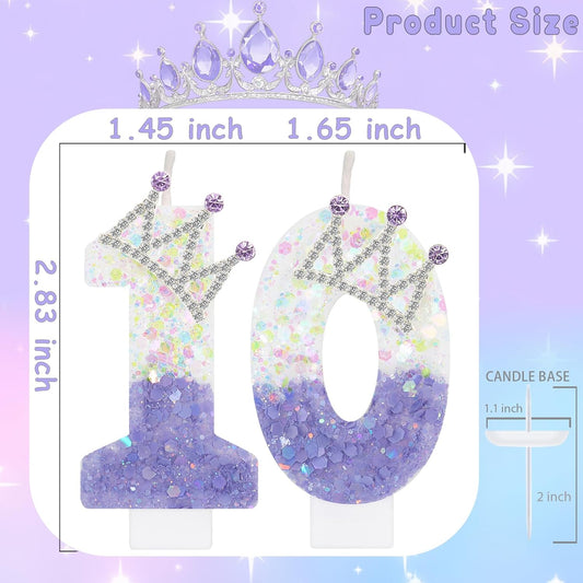 Purple White Number 10 Candle, Glitter Crown Cake Topper, Princess Birthday Party Decorations for Girls and Women Anniversary Celebrations Party Favors