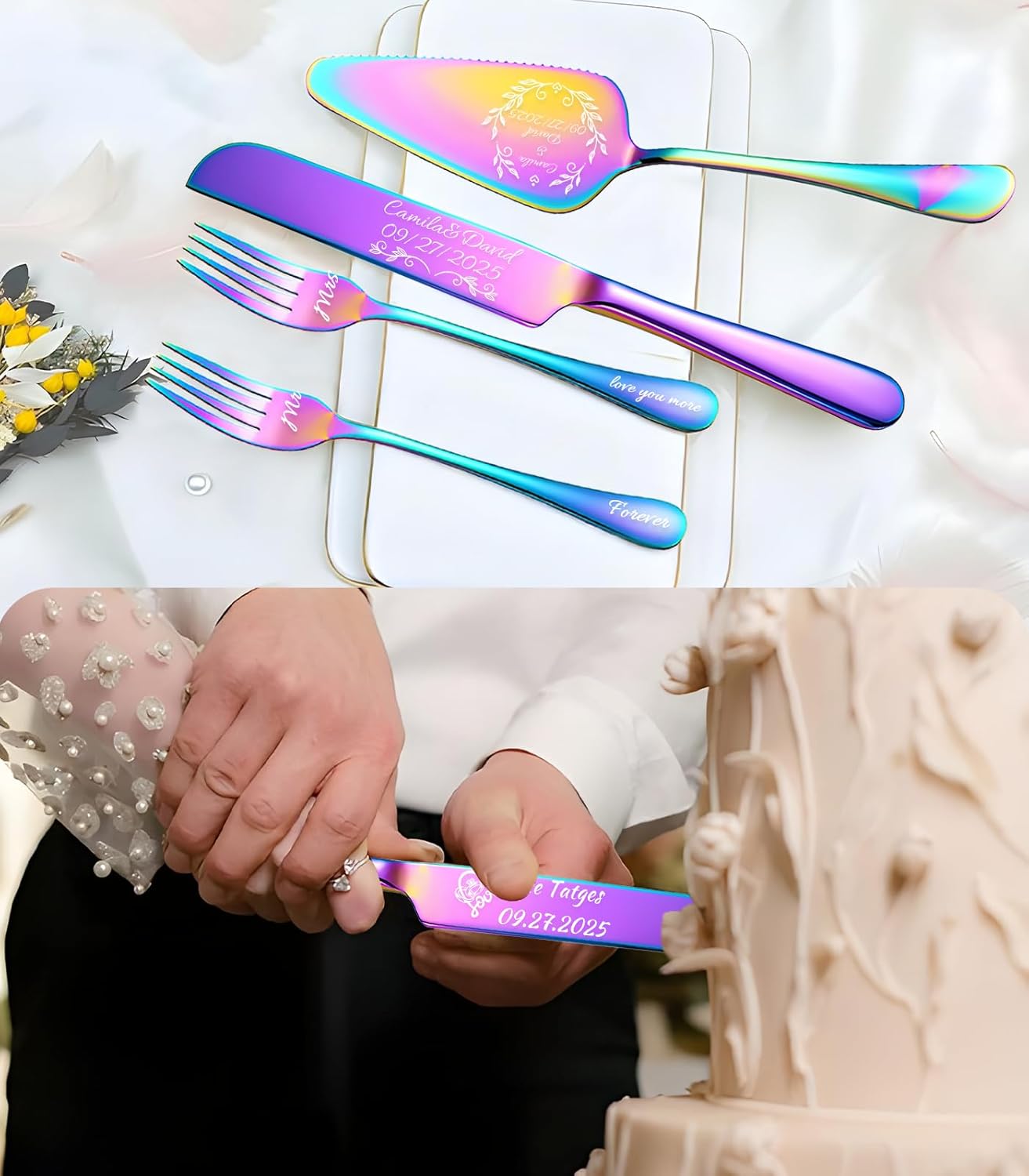 HJX Personalized Wedding Cake Knife and Server Set, Custom Names Cake Cutting Set, Customized Knife and Cake Server Set Gift for Bridal Anniversary Birthday Wedding Registry (Multicolor)