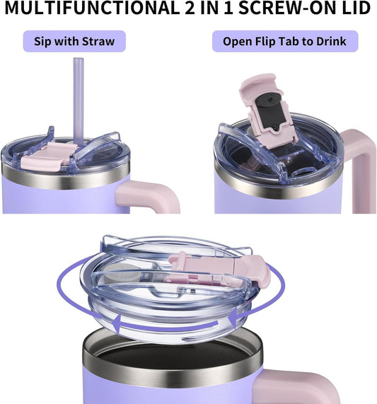 THILY 40 oz Stainless Steel Tumbler with Handle - Vacuum Insulated Travel Cup, Splash-Proof & Leakproof Lid, 2 Straws & Brush | Keeps Cold 34H/Hot 12H, Cupholder Friendly, Lavender Dream