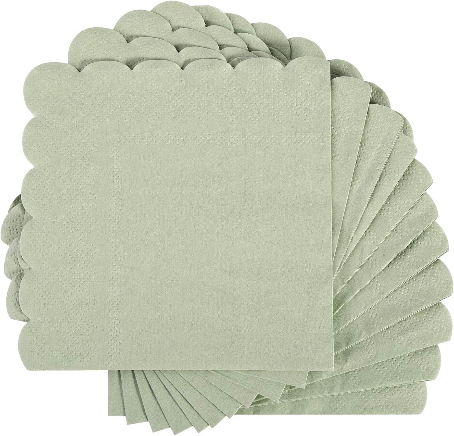 100 Pcs Cocktail Napkins, 2-Ply 5 x 5 Inches Disposable Scalloped Napkins, Thick Premium Dessert Napkins for Party, Wedding, Dinner, Birthday, Anniversary, Festival (Sage Green)