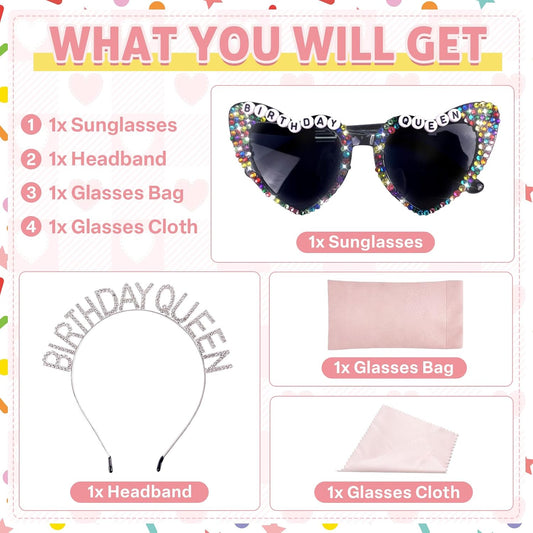 Birthday Queen Sunglasses with Crown, Birthday Glasses Headband Tiara for Women, Gifts Accessories Decorations