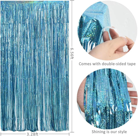 TONIFUL 3Pcs Laser Light Blue Door Streamers,Laser Blue Photo Booth Backdrop Metallic Streamers Blue Foil Fringe Curtains for Birthday,Christmas,New Year,Bachelorette,Grad Party Decor(9.9ft x 6.6ft)
