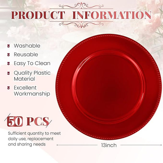50 Pcs Red Charger Plates Bulk, 13" Round Beaded Plate Chargers, Decorative Plastic Table Chargers for Wedding Holiday Party Baby Shower Event Decoration (Red)