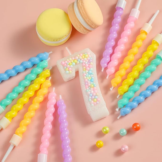PHD CAKE Number 7 Birthday Candle Macaron Glitter Number Candle with Rainbow Spiral Candles in Holders for Cake Topper, Pastel Sweet Theme Party Decoration
