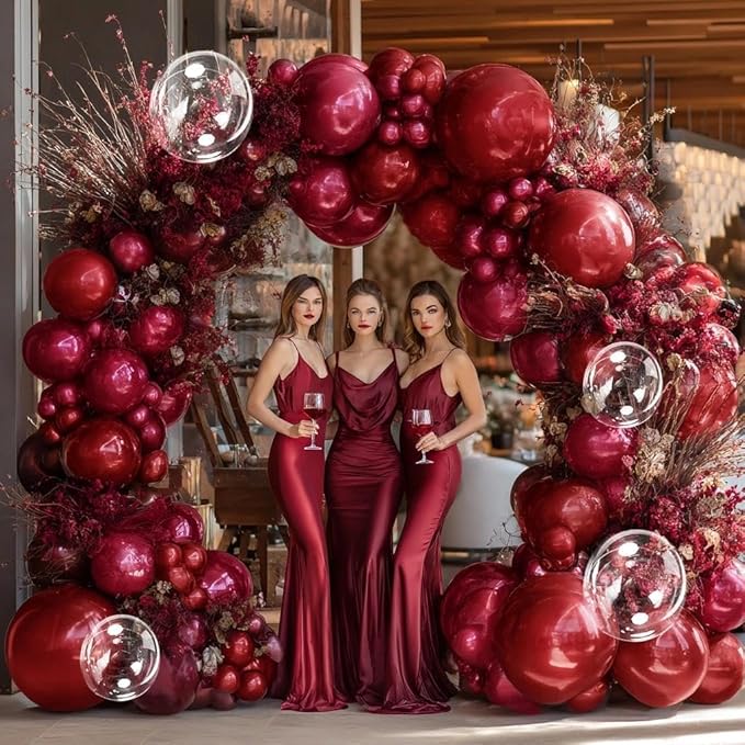 Burgundy Balloon Arch Double Stuffed Dark Ruby Red Balloon Garland Kit Wine Red Maroon Balloons Clear Balloons for Birthday Wedding Bridal Mothers Day Anniversary Engagement Baby Shower Party Decor