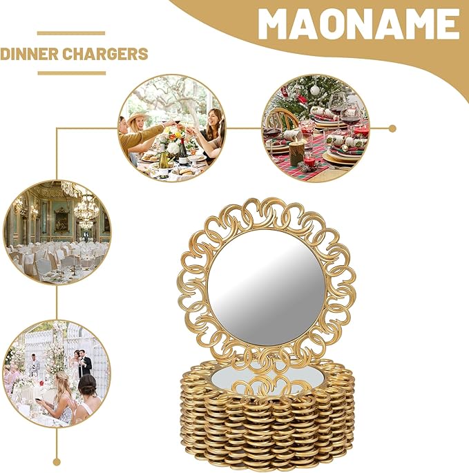 MAONAME 13" Gold Charger Plates Set of 12, Mirror Charger for Dinner Plates, Plastic Plate Chargers with Embossed Rims, Round Chargers for Table Setting, Wedding