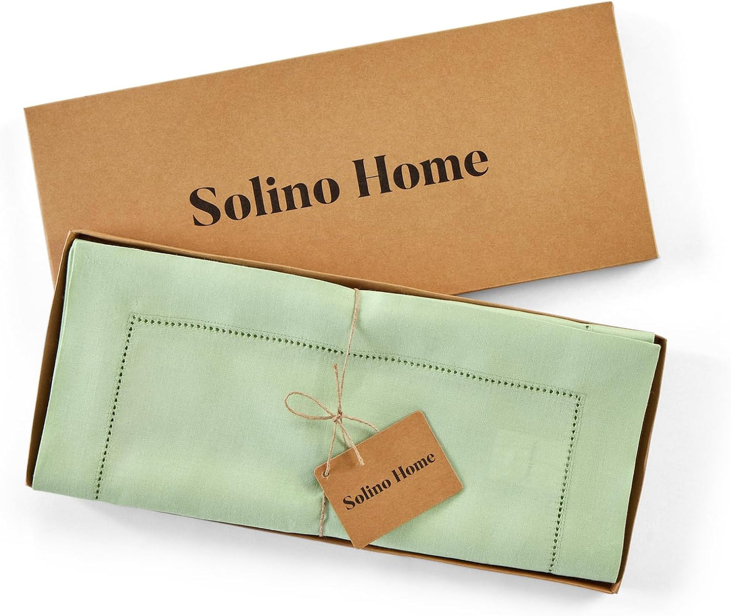 Solino Home Linen Hemstitch Table Runner 108 Inches Long - 100% Pure Linen Light Green Table Runner 14 x 108 Inch - Classic Hemstitch
