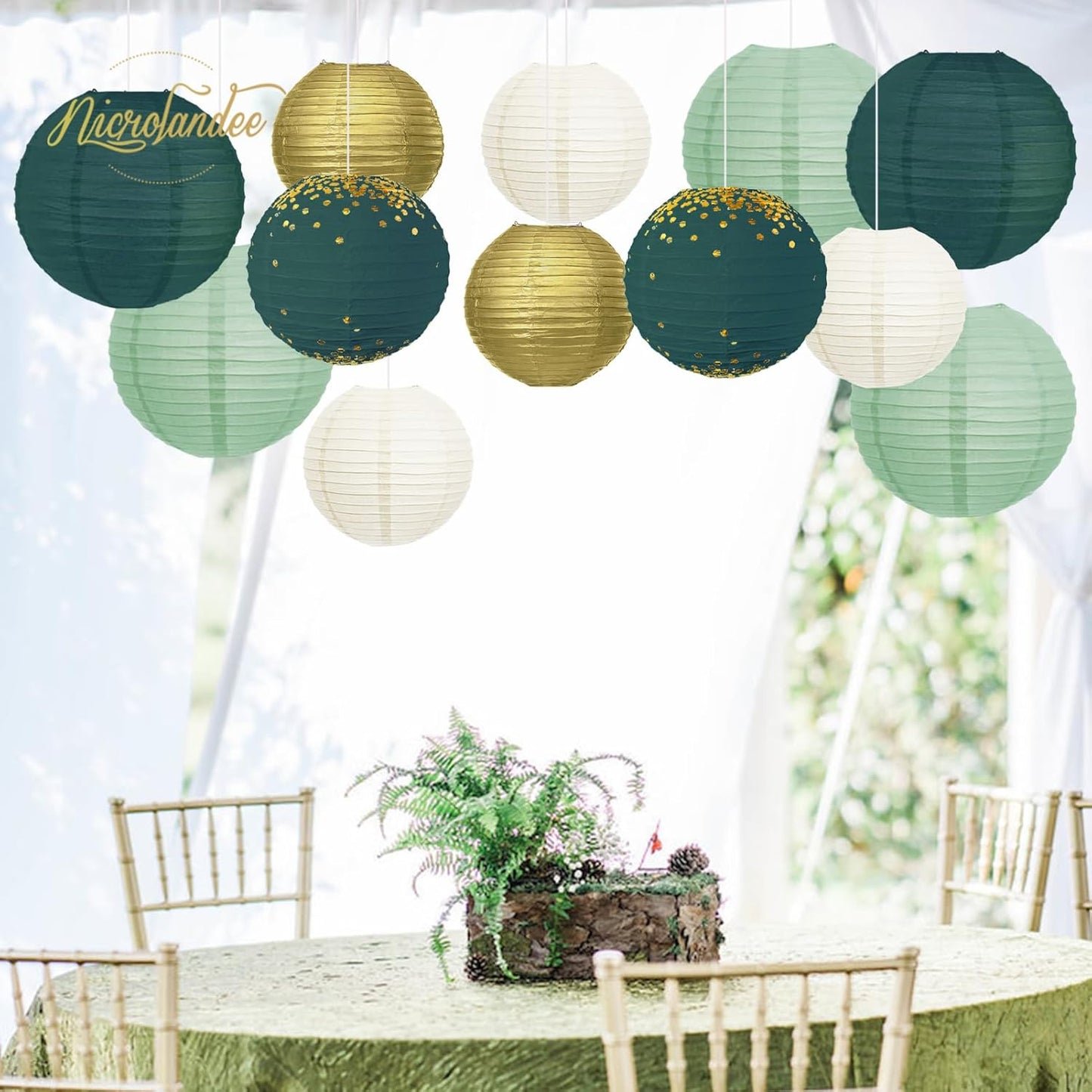 NICROLANDEE Green Wedding Party Decorations - 12PCS Green Gold Paper Lanterns for St Patrick's Day Bridal Shower Baby Shower Birthday Eucalyptus Neutral Garden Party Decor