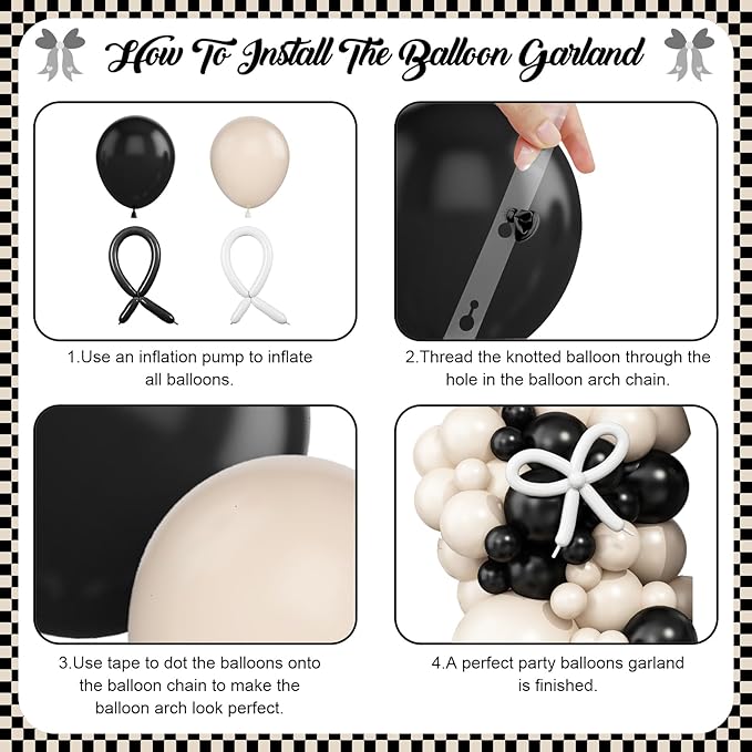 Black White Balloon Arch Kit,Sand White Black Bow Balloon Garland with Black and White Long Balloons for Birthday Baby Shower Anniversary Wedding Party Decorations