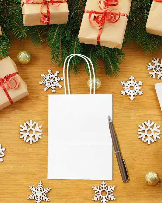 qiqee 200-Packs White Paper Gift Bags with Handles Bulk 4.5"x2.5"x6" Mini Size Paper Bags Multiple Uses