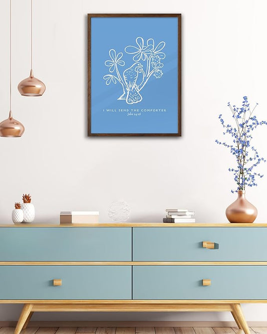 EcoHest Walnut Color OAK Wood Jesus Framed Wall Art, 12x16in John 14:16 I Will Send The Comforter Bible Verse Christian Wall Art, Blue Bedroom Decor For Living Room Bathroom Christian Gift 1Pack