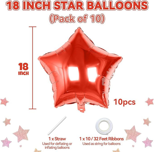 Red Star Balloons Foil, 10PCS Red Foil Stars Shape Balloons, 18 Inch Metallic Stars Balloon for Helium Pentagram Balloon for Birthday, Anniversary, New Year, Christmas Party Decoration
