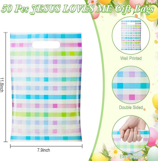 Epakh 100 Pcs Easter Checkered Gift Bags Bulk Plastic Goody Bags with Handles Pastel Rainbow Color Plaid Candy Gift Bag for Easter Baby Shower Spring Birthday Ice Cream Party Supplies