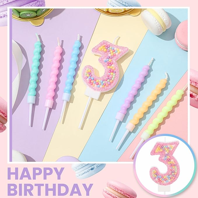 MTLEE Number 3 Birthday Candle with 12 Pcs Spiral Candles for Girls Macaron Pastel Rainbow Unicorn Pink Cake Topper for Sweet Theme Party Decoration