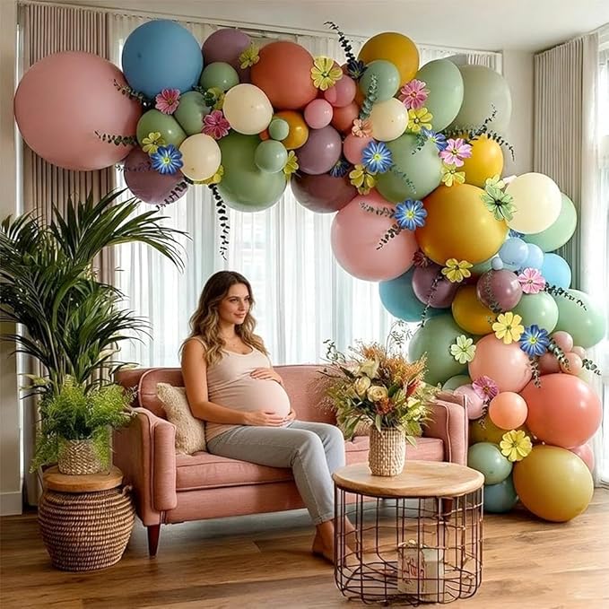 Blue Green Pink Balloon Arch with Cosmos Kelsang Flowers Double Stuffed Pastel Green Purple Yellow Beige Balloons for Wildflower Baby Shower Easter Spring Tea Gender Reveal Bridal Party Decor