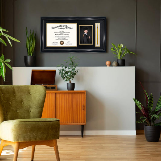 GraduationMall 11x22 Black Diploma Frame with Tassel Holder and Picture for 8.5x11 Certificate 5x7 Photo,Real Glass,Black over Gold Mat