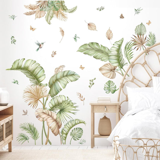 decalmile Boho Palm Leaves Wall Decals Tropical Plants Green Leaf Wall Stickers Bedroom Living Room Sofa TV Background Wall Decor