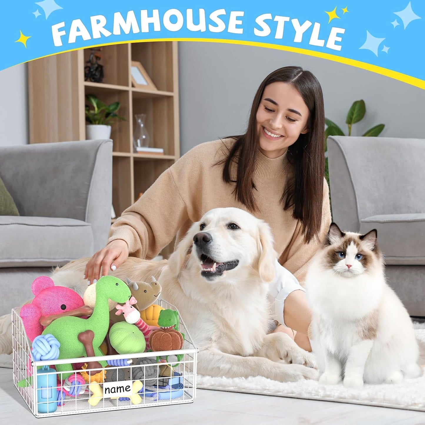 Indestructible Dog Toy basket, Small Toy Box for Dogs, Pet Toy Bin Dog Metal Basket for Toys, Dog Toy Storage, Dog Storage Organizer, Cat Dog Toy Box for Living Room Area (White)