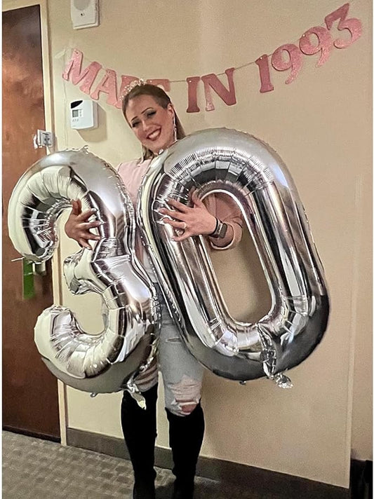 Silver Number 30 Balloon 40 inch, 30 Number Balloons, 30th Silver Birthday Decorations for Girls Boys Kids, 30 Year Old Women Men Silver Party Supplies
