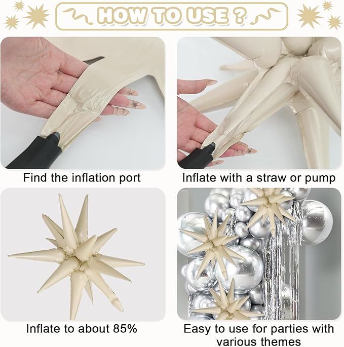Cream White Star Balloons,9Pcs 22Inch Cream White Explosion Spike Cone Helium Polyester Film Star Foil Balloons for Birthday Anniversary Baby Shower Wedding Disco Party Decorations