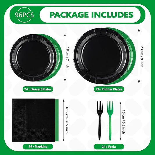Grencian 96 Pcs Green and Black Birthday Decorations Solid Color Party Plates and Napkins Disposable Heavy Duty Green and Black Tableware Set for Holiday Birthday Baby Shower Party Decorations
