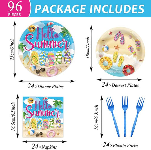 CHUNNIN 96Pcs Hello Summer Plates and Napkins Beach Party Decorations Hawaiian Tropical Disposable Paper Dessert Plates Tableware Set for 24 Guests Kids Summery Ocean Pool Birthday Party Supplies