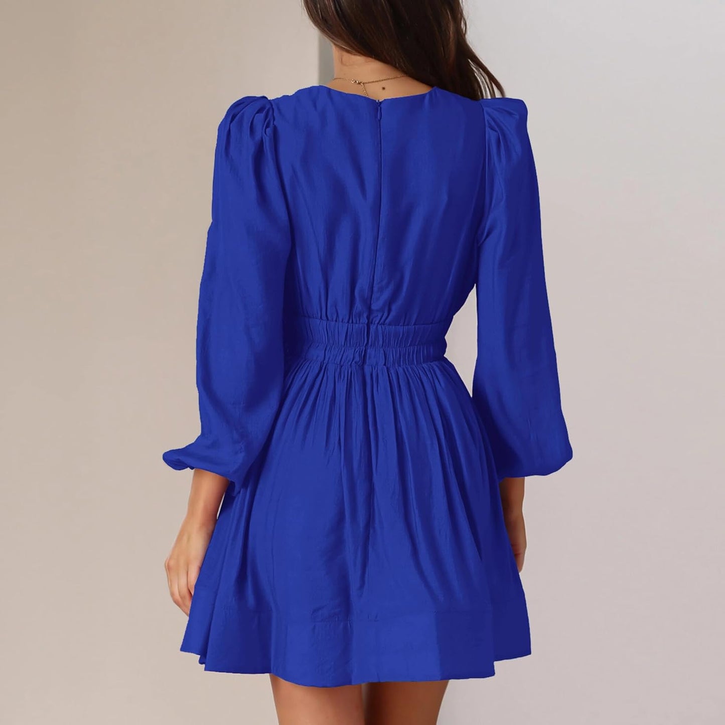 FAIABLE Mini Deep V Sexy Long Sleeve Dress for Women A-line High Waisted Casual Flowy Dress for Cocktail Wedding Guest
