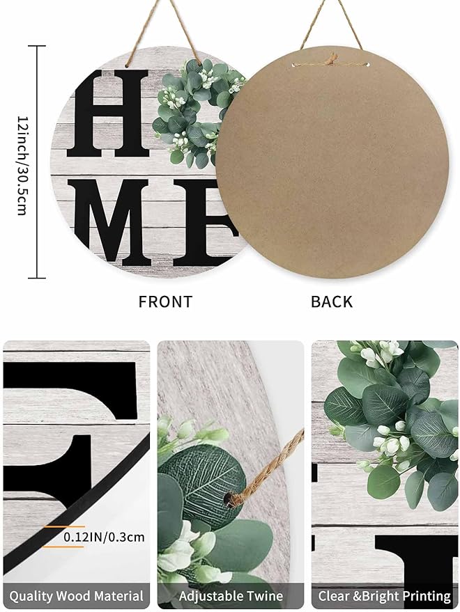 Eucalyptus Leaves Welcome Sign for Front Door, Home Garland Vintage Wood Grain Round Wooden Hanging Sign Housewarming Gift for Home Outdoor Indoor, Front Porch Decor 12inch