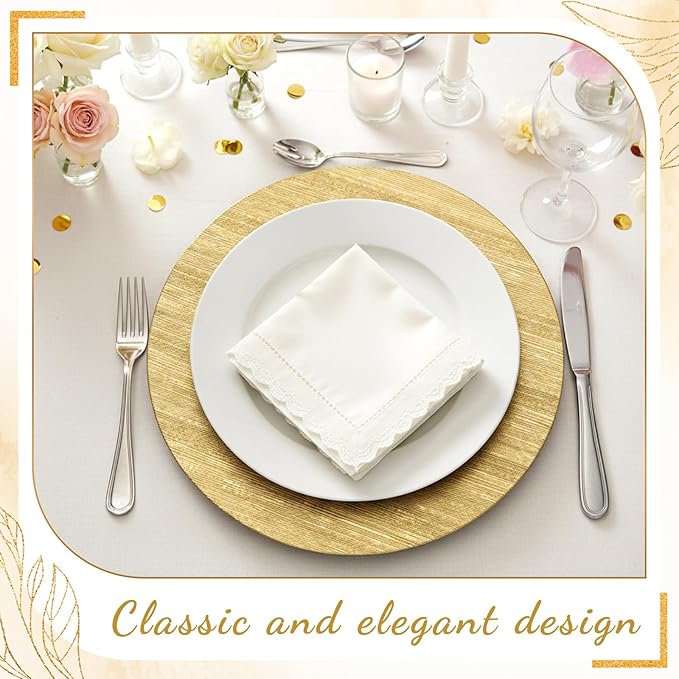 Tanlade 30 Pcs Charger Plates Bulk 13 Inch Plastic Texture Strip Wedding Chargers Floral Decorative Plates with Metallic Ruffled Rim for Wedding Party, Holiday Event Supplies(Gold)