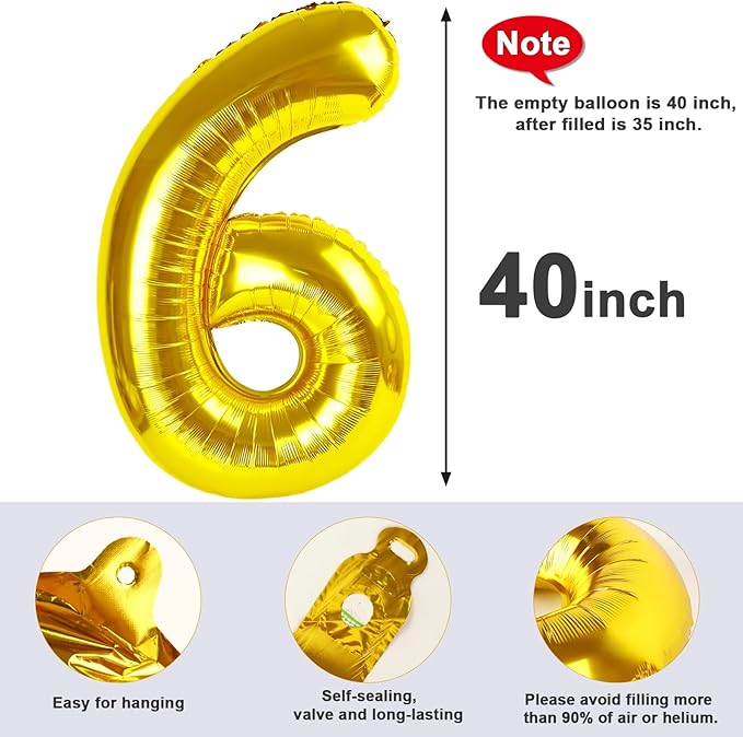 Number 6 Balloon 40 Inch, 6 7 Six Seven Birthday Decorations, 6th Birthday Balloon for Men Women, Gold 16 60 61 65 Numbers Balloons Party Wedding Events Decorations