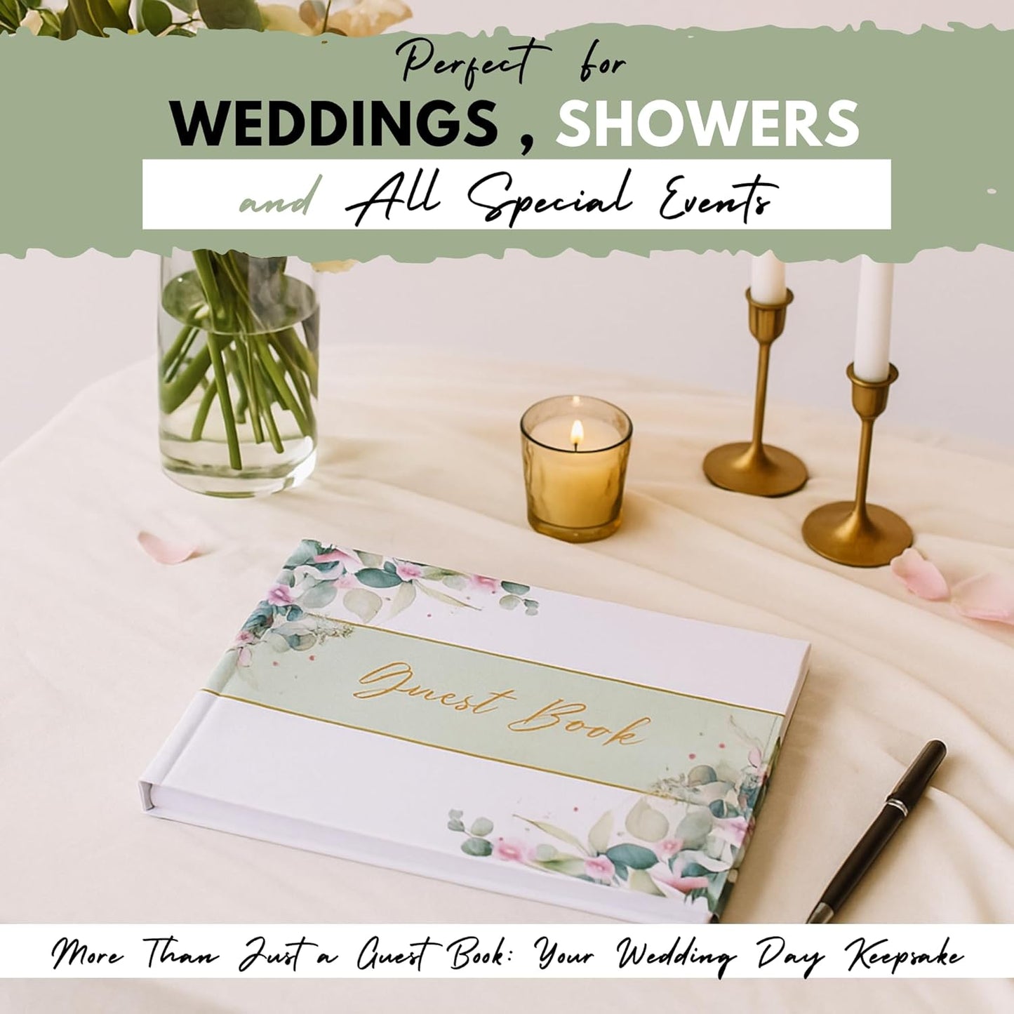 Wedding Guest Book with Polaroid Photo Slots – Linen Floral Hardcover Keepsake with 120 Thick Acid-Free Pages – Instant Photo Guest Book for Weddings, Showers & Special Events