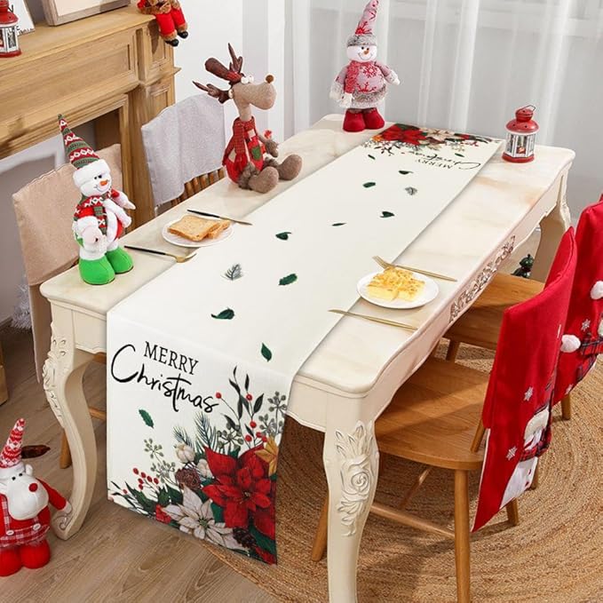 Merry Christmas Winter Table Runner, 13x72 inch Red Floral Holly Berry Vintage Xmas Seasonal Holiday Kitchen Dining Table Runners for Home Indoor Mantel Party Farmhouse Decoration