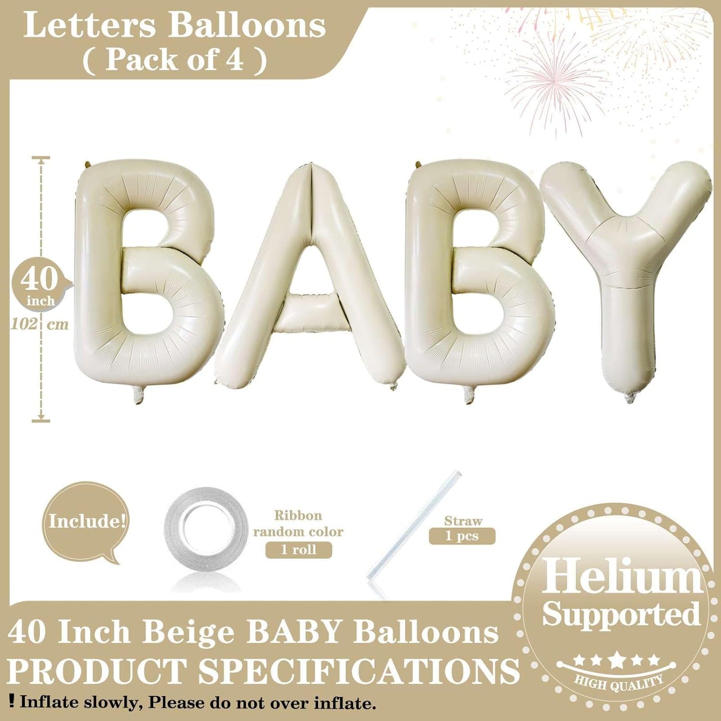40 Inch Beige BABY Balloons, Large Cream White Letters BABY Balloons Foil Mylar Helium White Letters Balloons for Baby Shower Party Supplies Celebration Decorations Alphabet White BABY