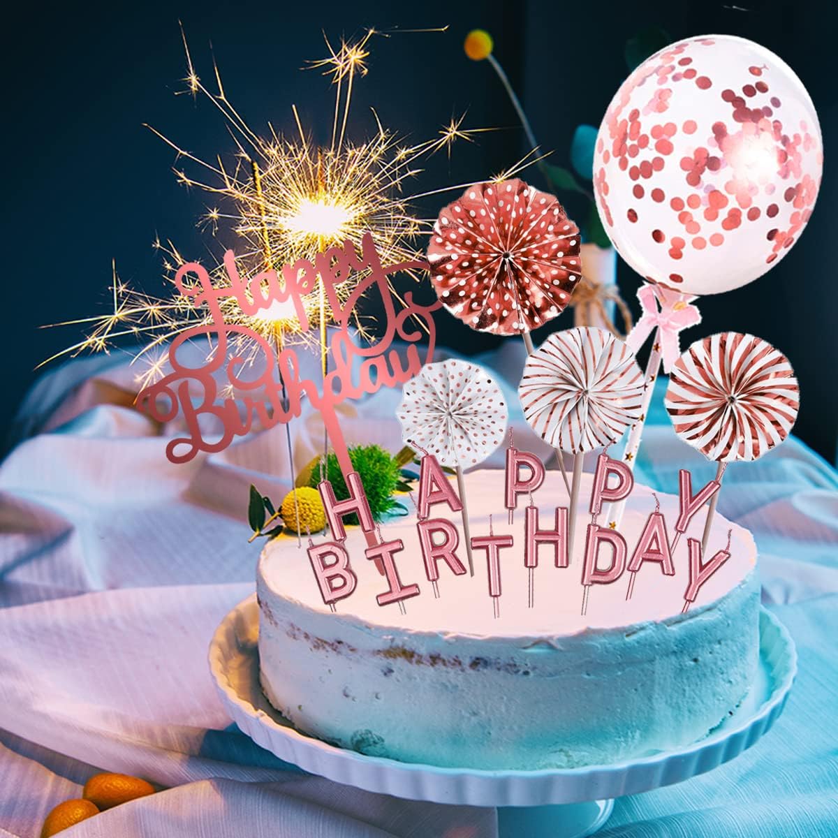 Rose Gold Cake Topper Decorations with Happy Birthday Candles, Acrylic Birthday Cake Topper, Confetti Balloon and Paper Fans for Rose Gold Theme Birthday Party Décor
