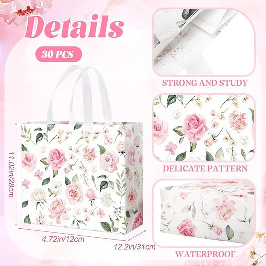 30 Pack Pink Floral Reusable Gift Bags Bulk | Large Non-Woven Tote Bags for Wedding, Birthday, Baby Shower & Party Favors (12.2" x 11" x 4.7")