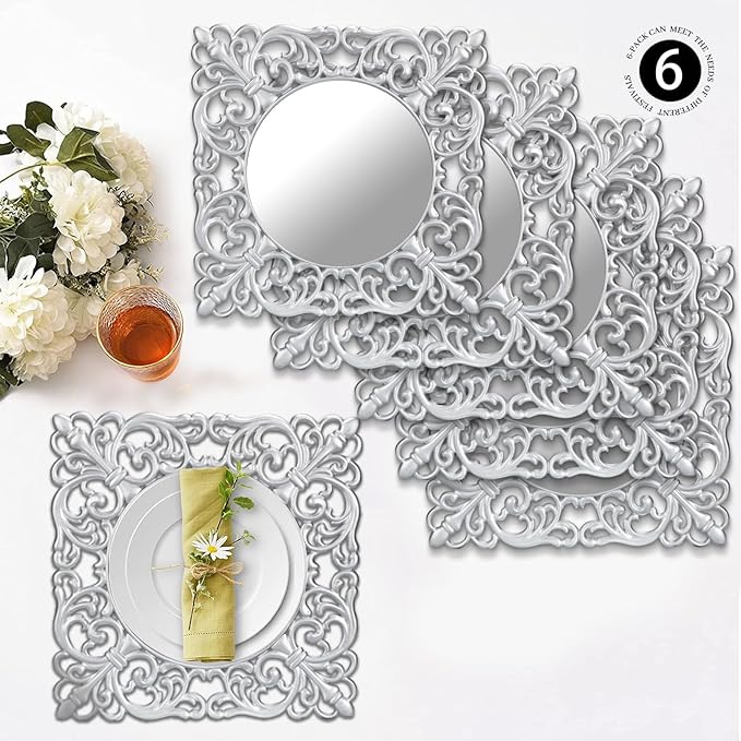 MAONAME 12" Silver Charger Plates Set of 6, Mirror Charger for Dinner Plates, Plastic Plate Chargers with Embossed Rims, Square Chargers for Table Setting, Wedding