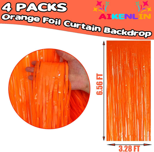 4 Pack 3.3Ft x 6.6Ft Orange Foil Fringe Curtain Backdrop, Metallic Tinsel Foil Fringe Streamers Curtains Background for Photo Booth, Birthday, Wedding, Halloween, Christmas Party Decoration