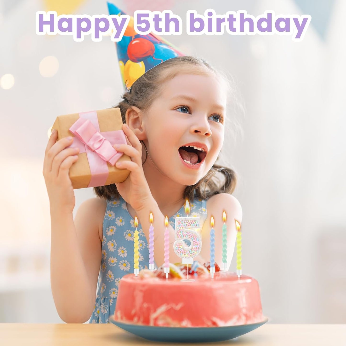 MTLEE Number 5 Birthday Candle with 12 Pcs Spiral Candles for Girls Macaron Pastel Rainbow Unicorn Pink Cake Topper for Sweet Theme Party Decoration